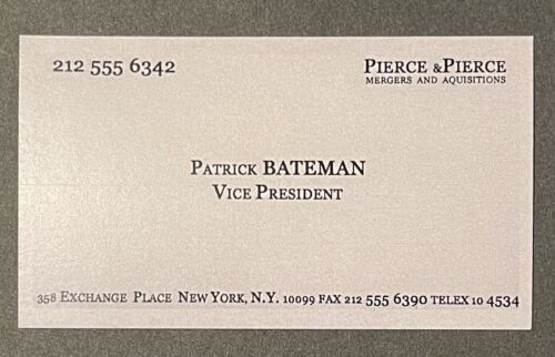 Patrick Bateman's business card from the movie American Psycho. It features black serif text on a white card.